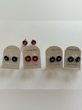Sterling Silver Red Blue Heart Stud Earrings - Made in Korea
